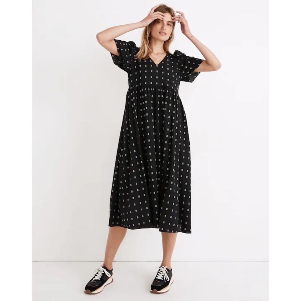 Madewell Dobby Puff-Sleeve V-Neck Midi Dress Size S Flutter Sleeve Empire Waist